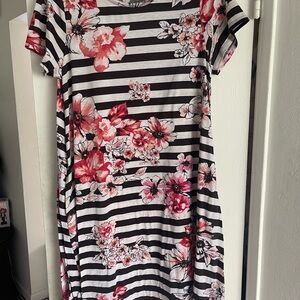 LuLaRoe Black and White Striped Dress with Pink Floral Pattern